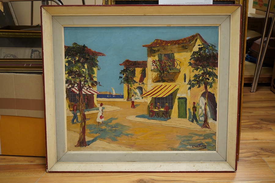 Chandos, Mediterranean street scene before a harbour, signed, impasto oil on canvas, 49 x 59cm